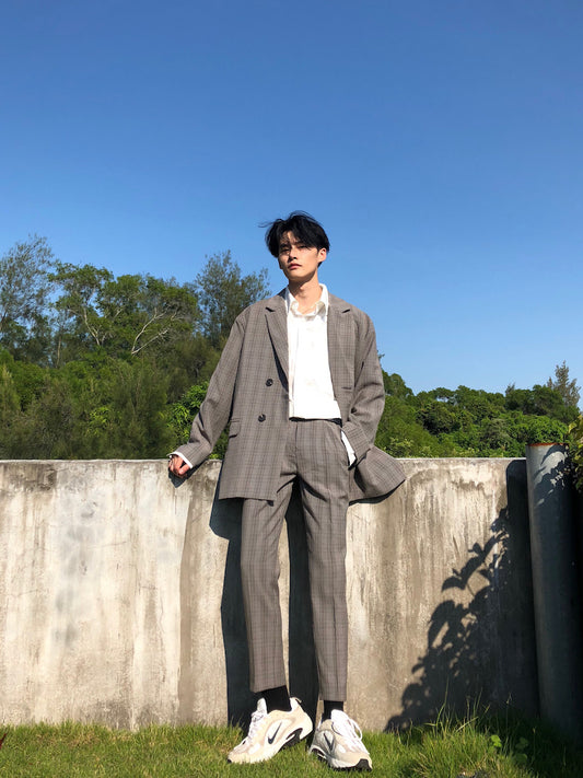 Cuibuju 20Ss Korean Style Plaid Small Suit Men'S Jacket Autumn Single-Breasted Loose Casual Suit Suit