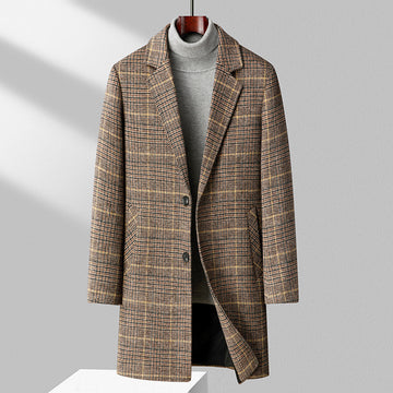 Autumn And Winter Woolen Coat Men's Mid-length Business Casual Plaid Cotton And Thickening Woolen Coat