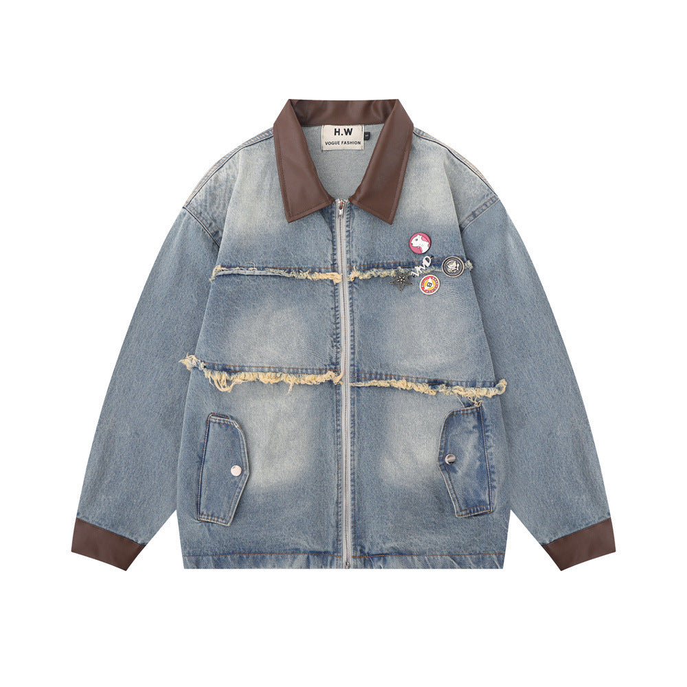European And American Fashion Loose Contrast Color Lapels Washed And Worn Denim Jacket