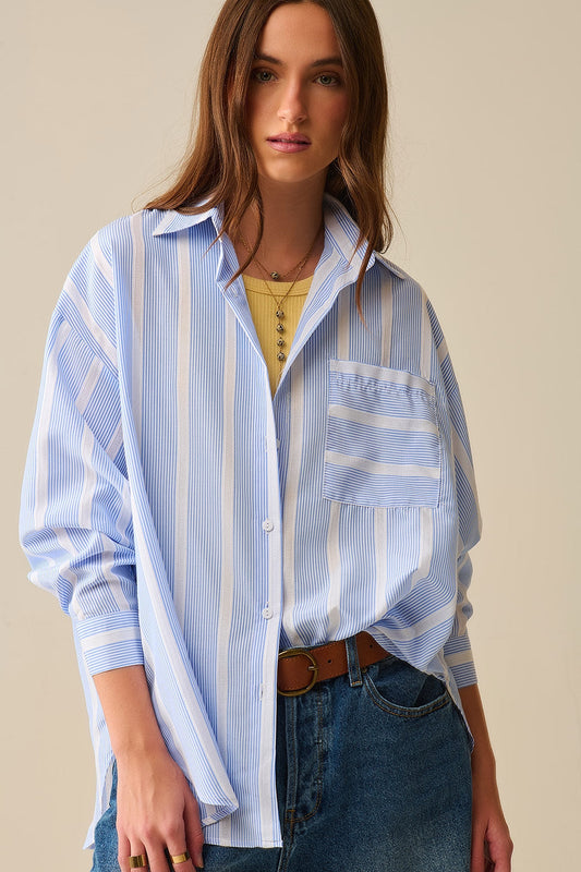 Blue and White Relaxed Fit Striped Shirt Tie at the Back