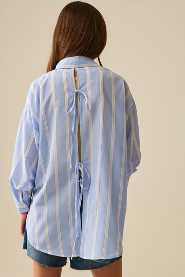 Blue and White Relaxed Fit Striped Shirt Tie at the Back