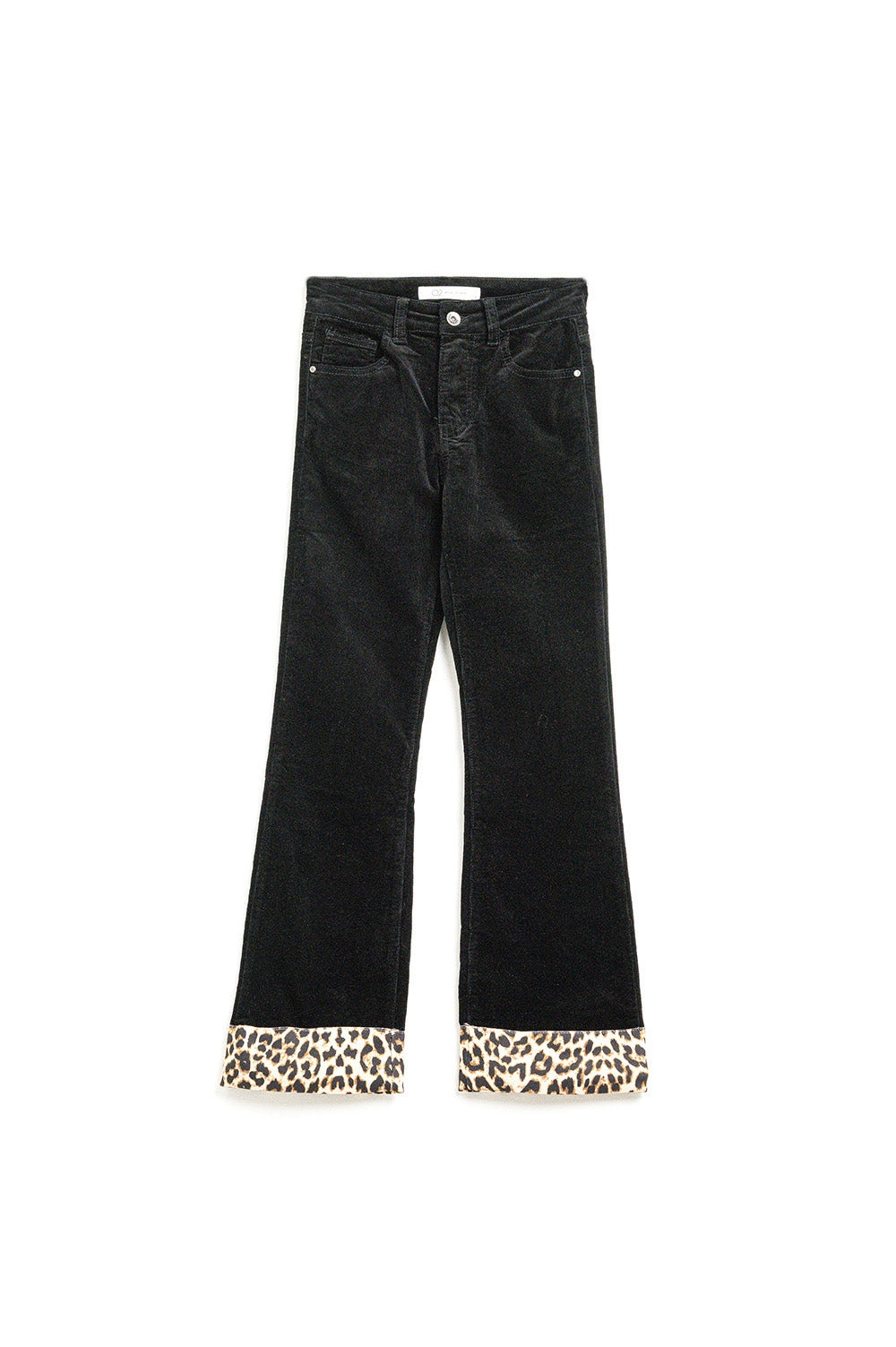 Black Corduroy Flare Pants With Leopard Print at the Bottom