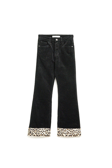 Black Corduroy Flare Pants With Leopard Print at the Bottom