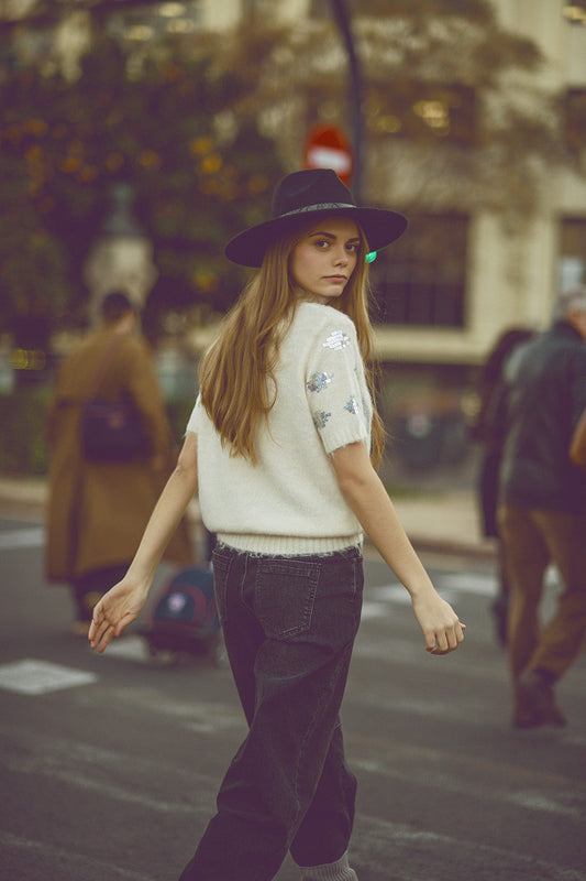 Cream Short Sleeve Sweater With Sequin Embellishment